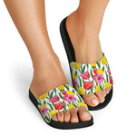 Colorful Tulip Pattern Print Black Slide Sandals
