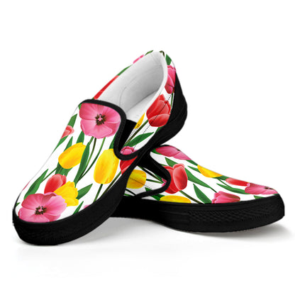 Colorful Tulip Pattern Print Black Slip On Shoes
