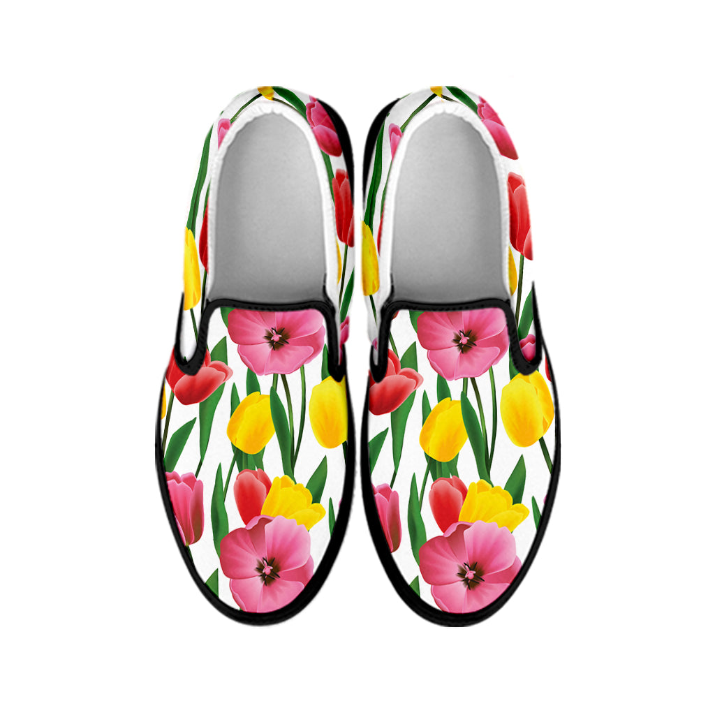 Colorful Tulip Pattern Print Black Slip On Shoes