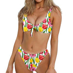 Colorful Tulip Pattern Print Front Bow Tie Bikini