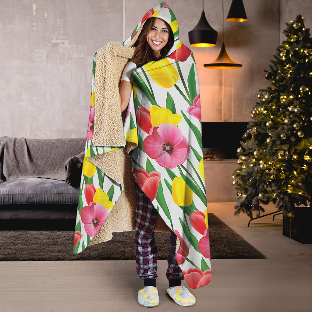 Colorful Tulip Pattern Print Hooded Blanket