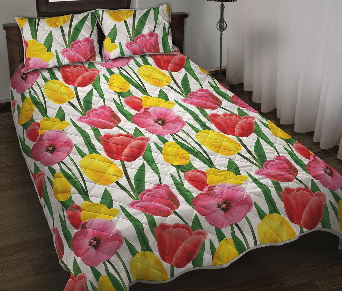 Colorful Tulip Pattern Print Quilt Bed Set