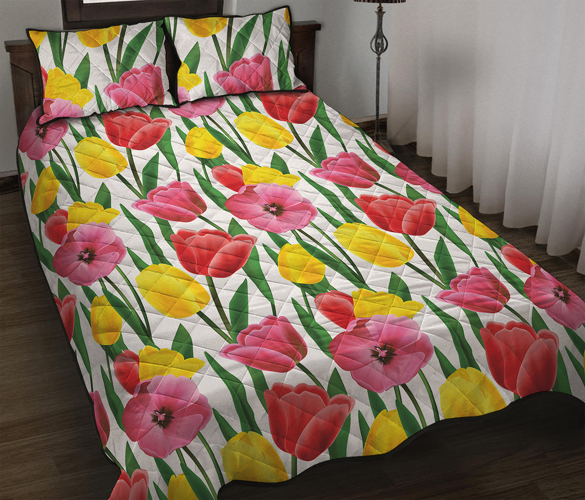Colorful Tulip Pattern Print Quilt Bed Set