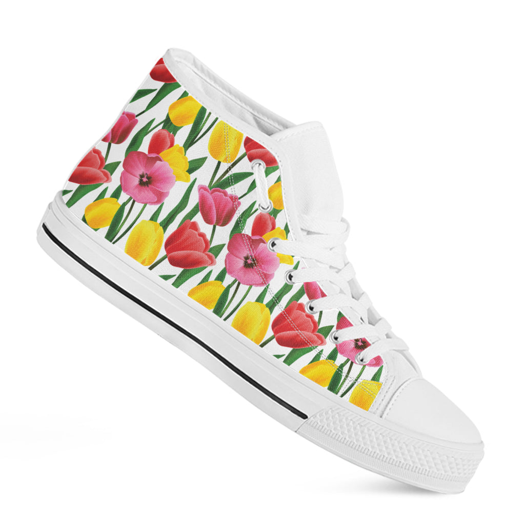 Colorful Tulip Pattern Print White High Top Shoes