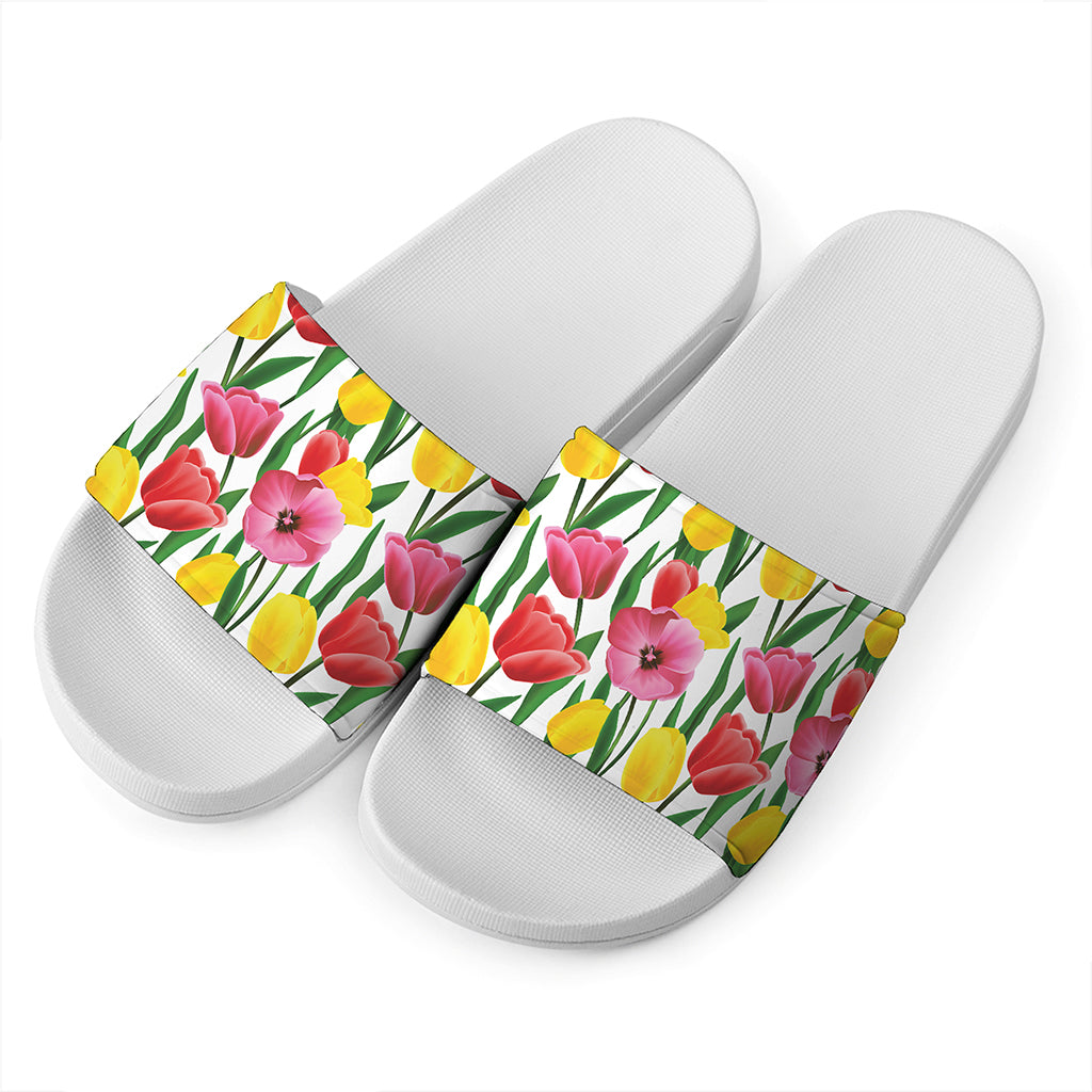 Colorful Tulip Pattern Print White Slide Sandals
