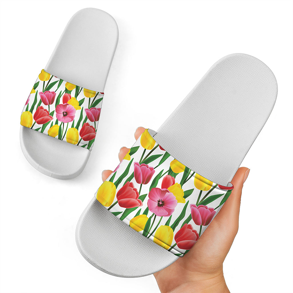 Colorful Tulip Pattern Print White Slide Sandals