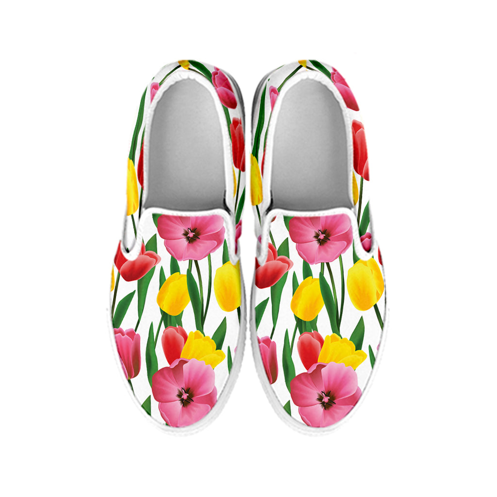 Colorful Tulip Pattern Print White Slip On Shoes