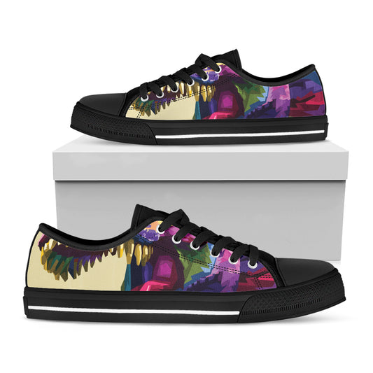 Colorful Tyrannosaurus Rex Print Black Low Top Shoes 