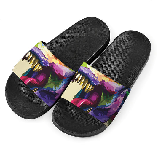 Colorful Tyrannosaurus Rex Print Black Slide Sandals