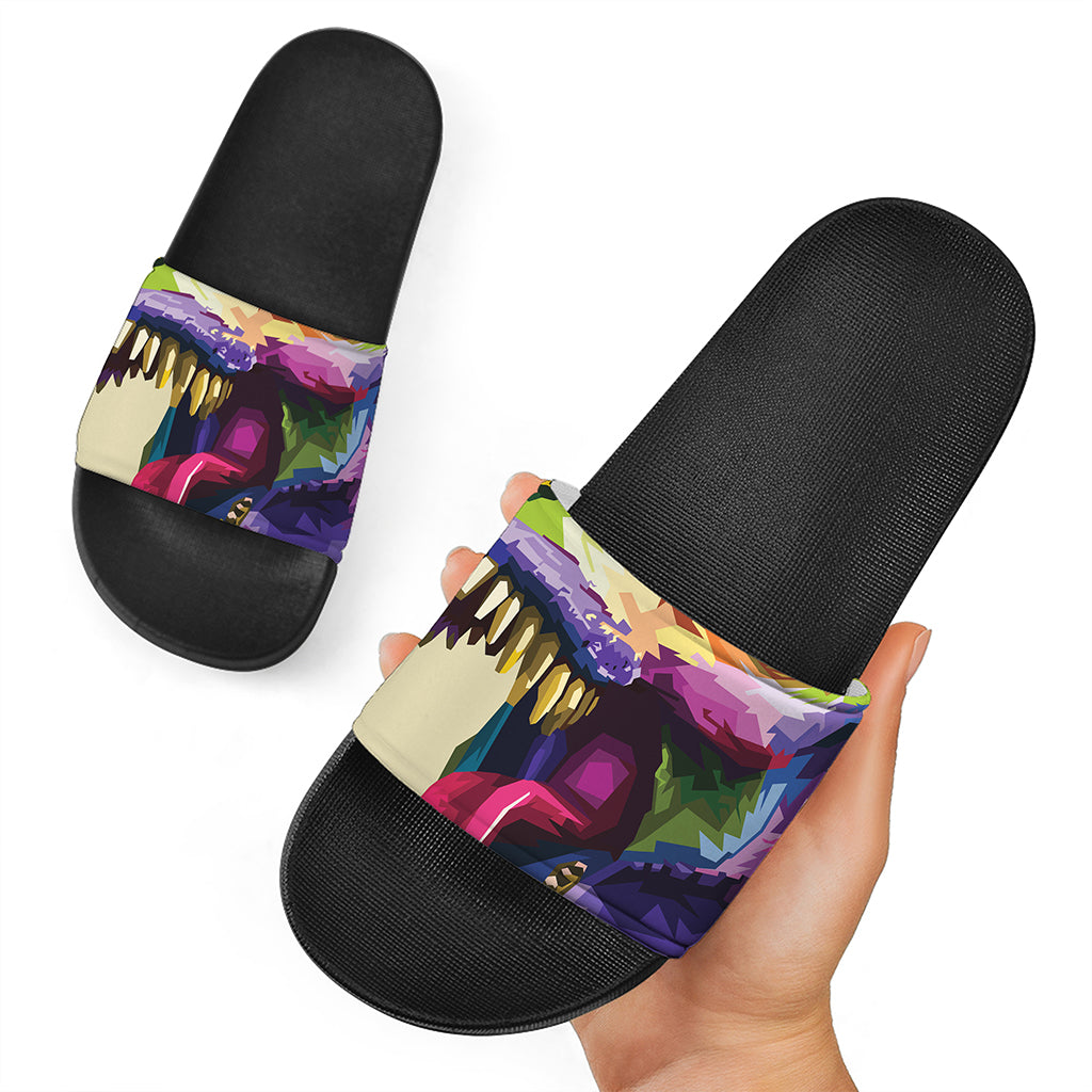Colorful Tyrannosaurus Rex Print Black Slide Sandals