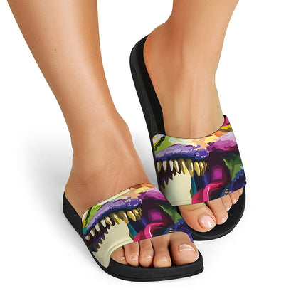 Colorful Tyrannosaurus Rex Print Black Slide Sandals