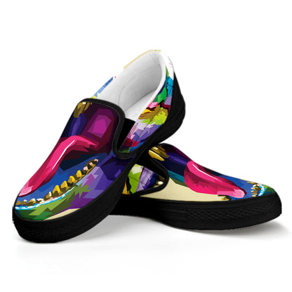 Colorful Tyrannosaurus Rex Print Black Slip On Shoes