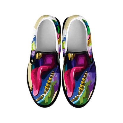 Colorful Tyrannosaurus Rex Print Black Slip On Shoes
