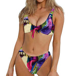 Colorful Tyrannosaurus Rex Print Front Bow Tie Bikini
