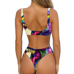 Colorful Tyrannosaurus Rex Print Front Bow Tie Bikini