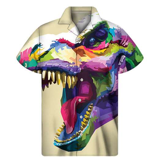 Colorful Tyrannosaurus Rex Print Men's Short Sleeve Shirt