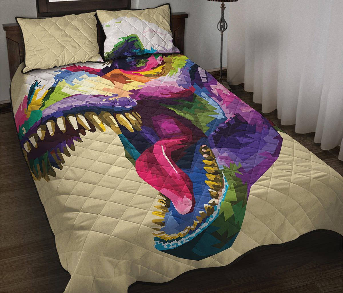 Colorful Tyrannosaurus Rex Print Quilt Bed Set