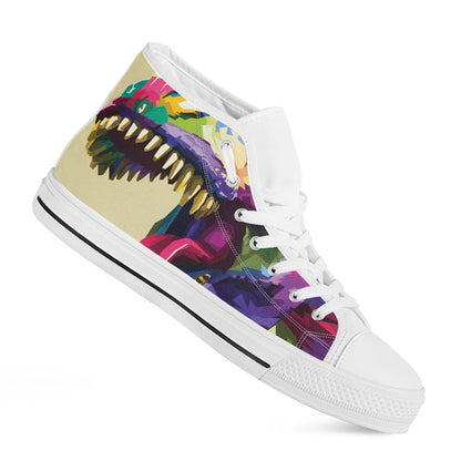 Colorful Tyrannosaurus Rex Print White High Top Shoes