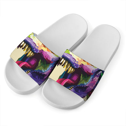 Colorful Tyrannosaurus Rex Print White Slide Sandals