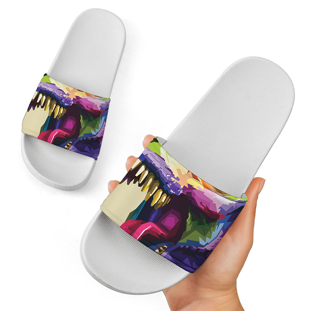 Colorful Tyrannosaurus Rex Print White Slide Sandals