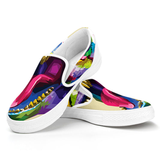 Colorful Tyrannosaurus Rex Print White Slip On Shoes