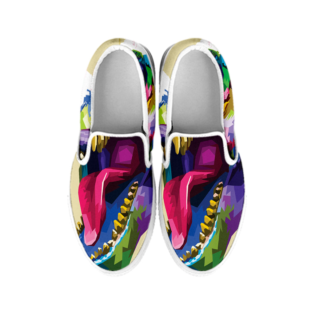 Colorful Tyrannosaurus Rex Print White Slip On Shoes