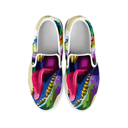 Colorful Tyrannosaurus Rex Print White Slip On Shoes