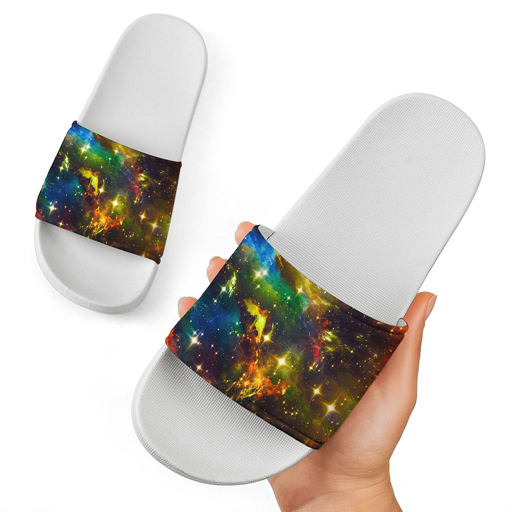 Colorful Universe Galaxy Space Print White Slide Sandals