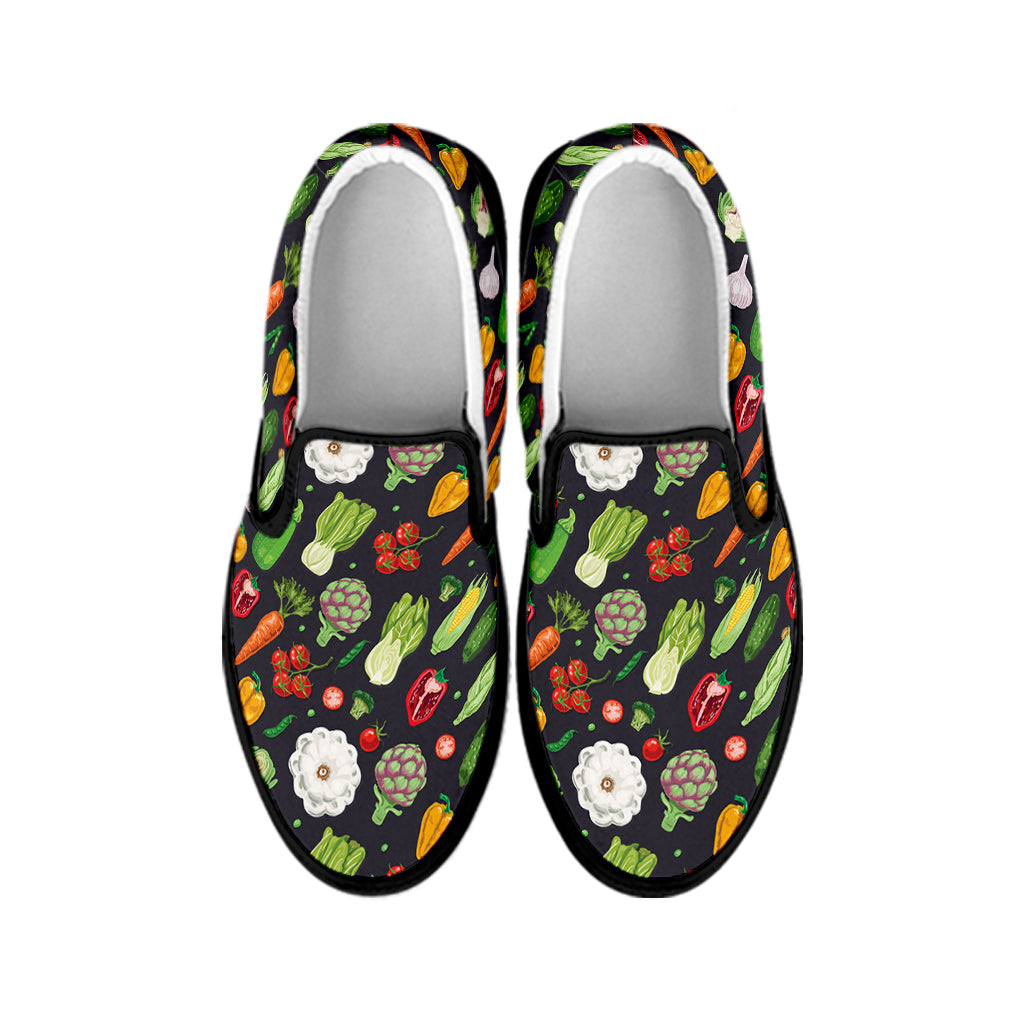 Colorful Vegetable Pattern Print Black Slip On Shoes