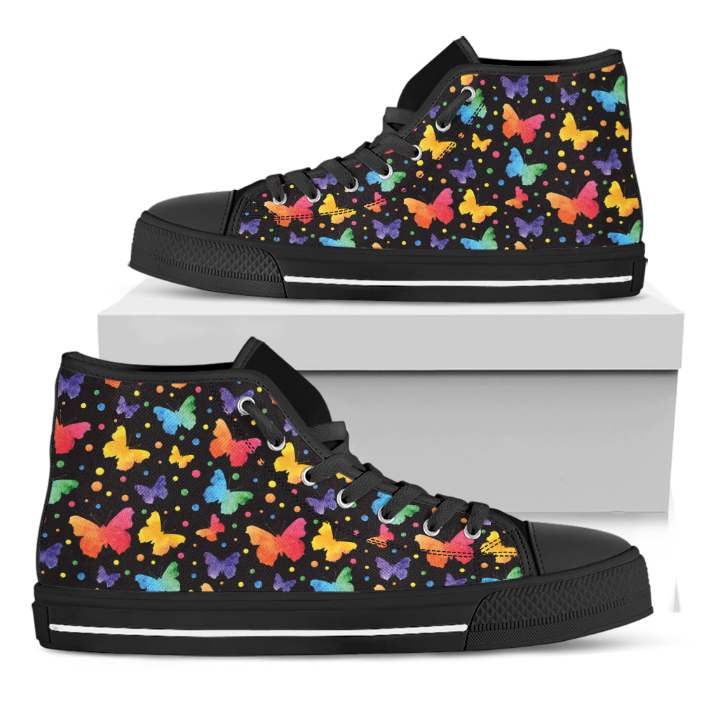Colorful Watercolor Butterfly Print Black High Top Shoes