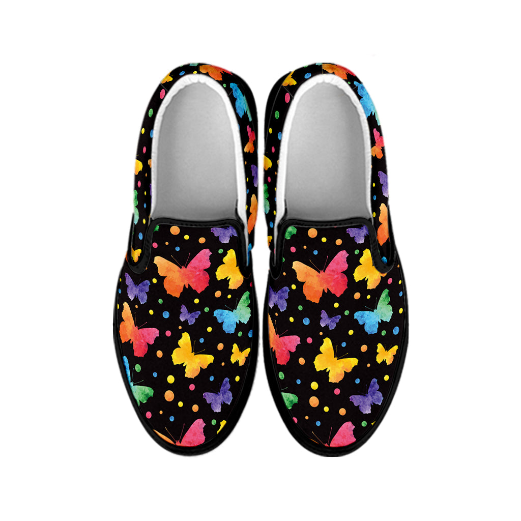 Colorful Watercolor Butterfly Print Black Slip On Shoes
