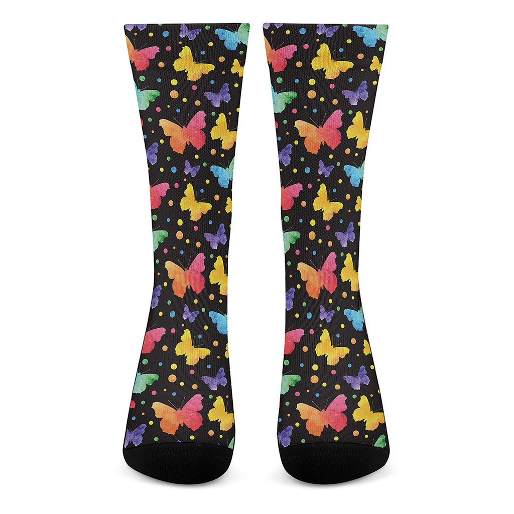 Colorful Watercolor Butterfly Print Crew Socks