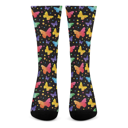 Colorful Watercolor Butterfly Print Crew Socks