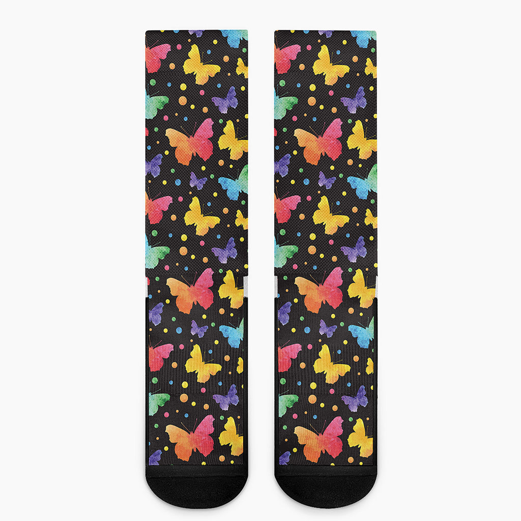 Colorful Watercolor Butterfly Print Crew Socks