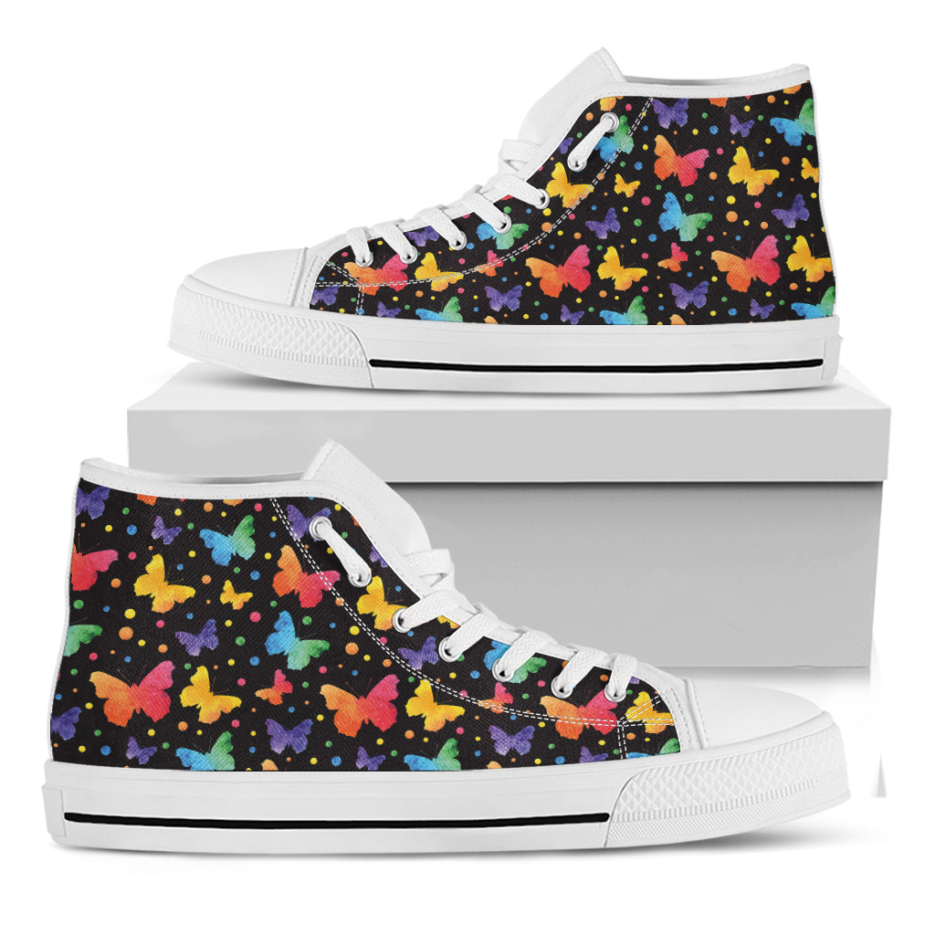 Colorful Watercolor Butterfly Print White High Top Shoes
