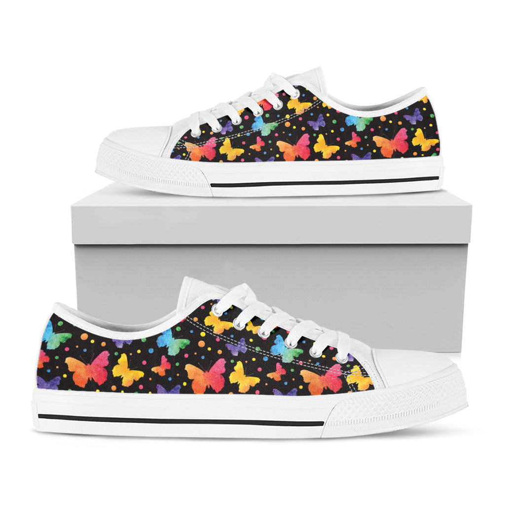 Colorful Watercolor Butterfly Print White Low Top Shoes