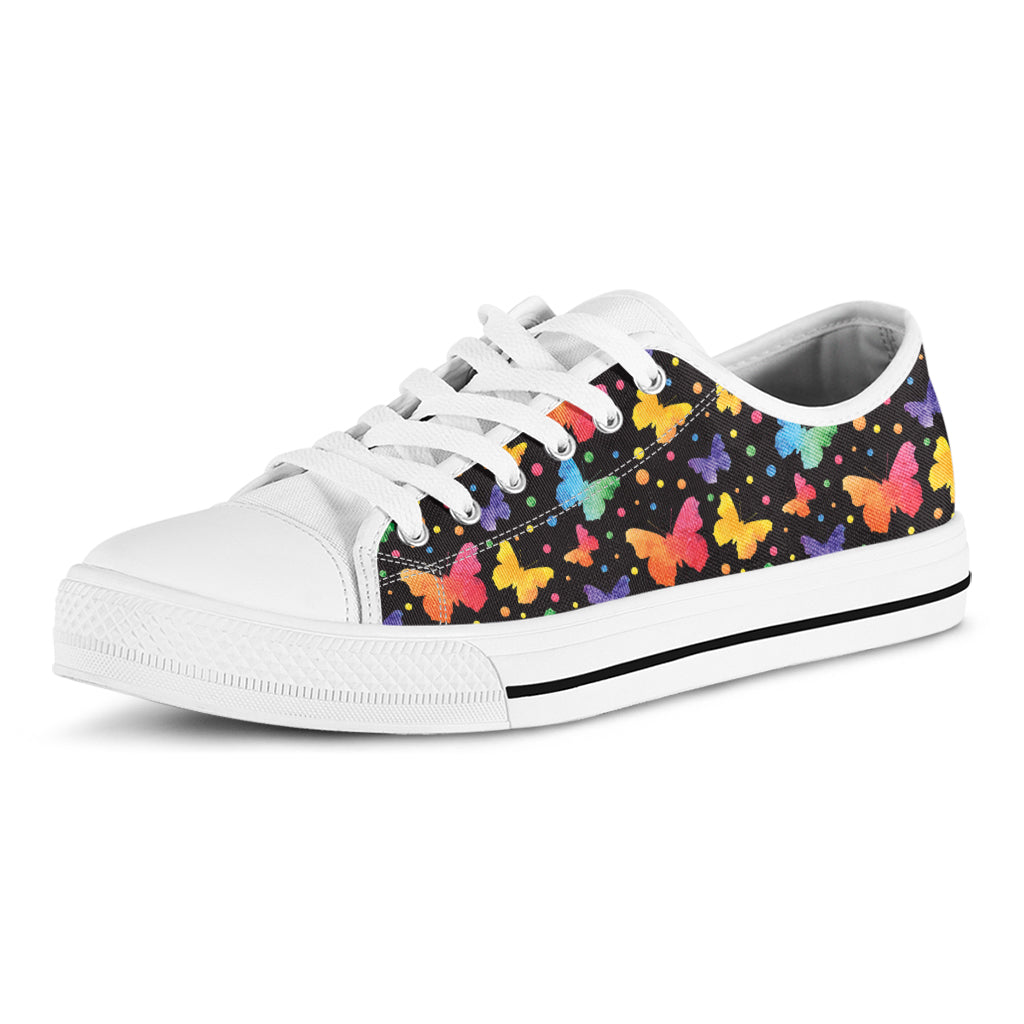 Colorful Watercolor Butterfly Print White Low Top Shoes