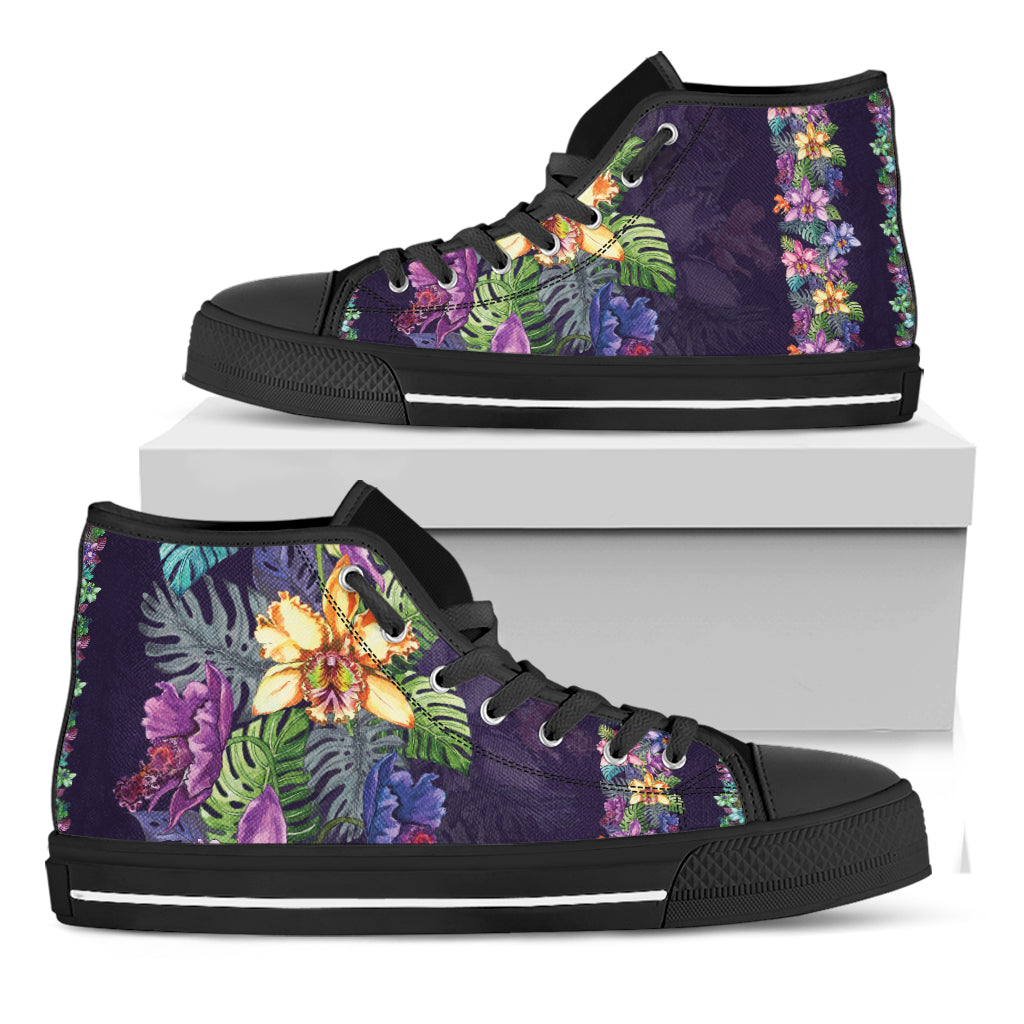 Colorful Watercolor Cattleya Print Black High Top Shoes