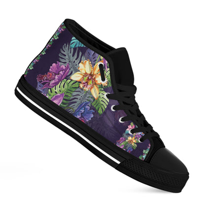 Colorful Watercolor Cattleya Print Black High Top Shoes