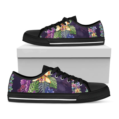 Colorful Watercolor Cattleya Print Black Low Top Shoes