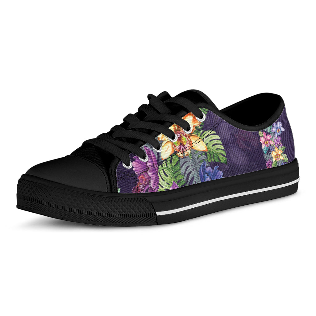 Colorful Watercolor Cattleya Print Black Low Top Shoes