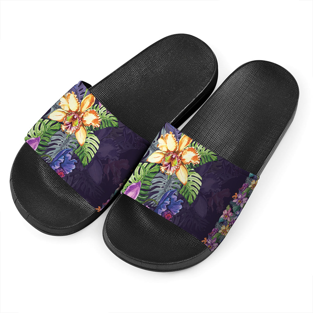 Colorful Watercolor Cattleya Print Black Slide Sandals