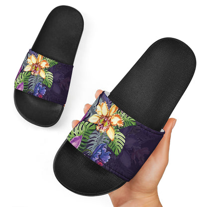 Colorful Watercolor Cattleya Print Black Slide Sandals