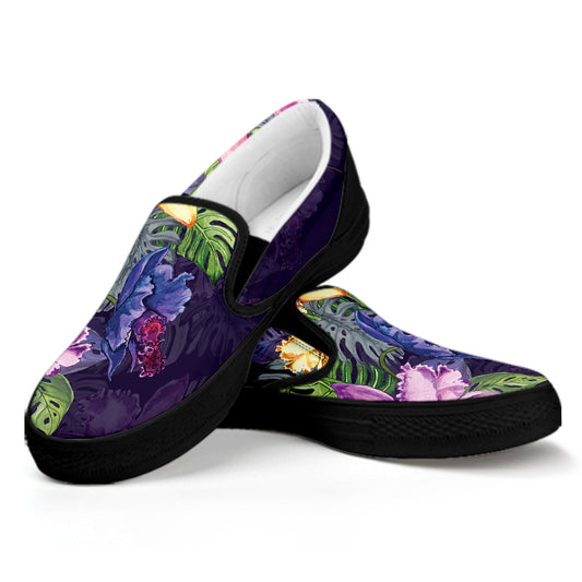 Colorful Watercolor Cattleya Print Black Slip On Shoes