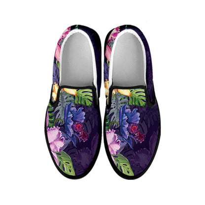 Colorful Watercolor Cattleya Print Black Slip On Shoes