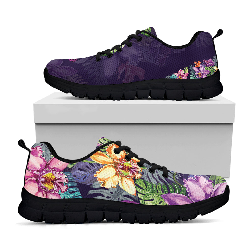 Colorful Watercolor Cattleya Print Black Sneakers