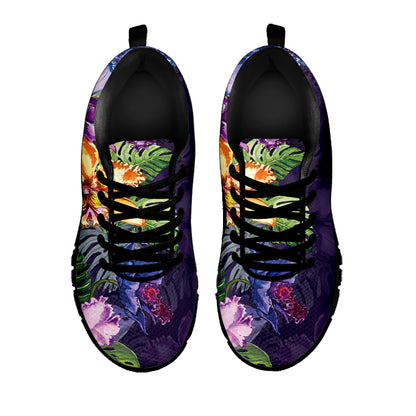 Colorful Watercolor Cattleya Print Black Sneakers