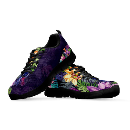 Colorful Watercolor Cattleya Print Black Sneakers