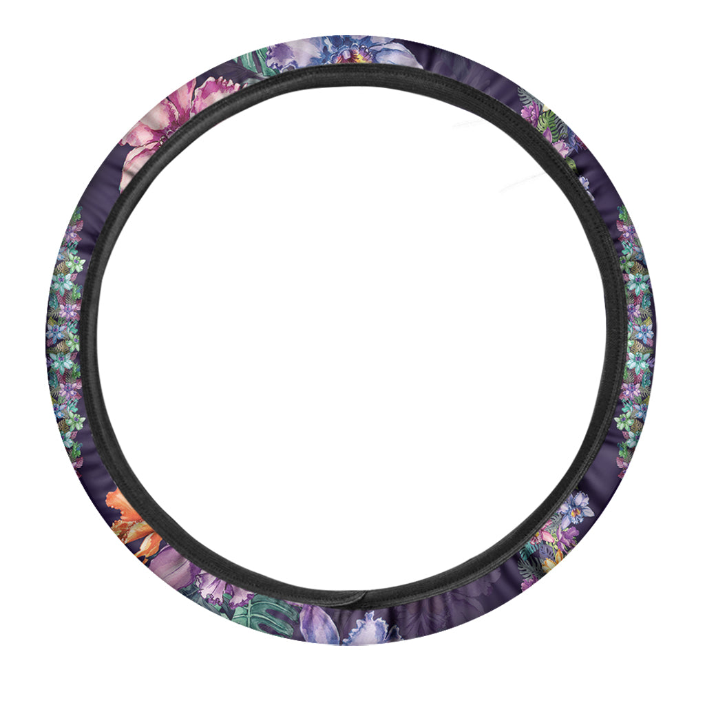 Colorful Watercolor Cattleya Print Car Steering Wheel Cover
