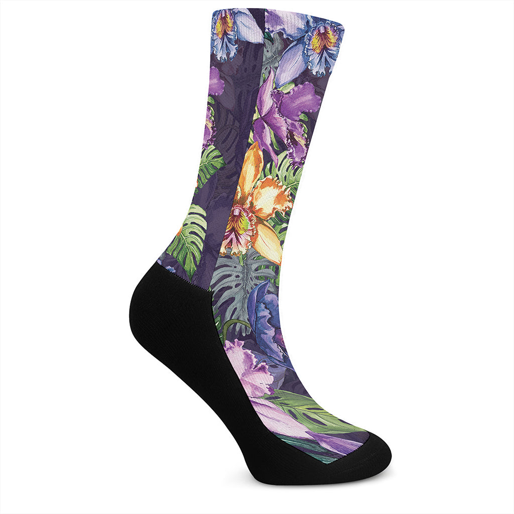 Colorful Watercolor Cattleya Print Crew Socks